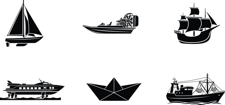 black silhouettes of various boats and ships on white background