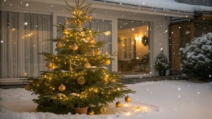 Christmas tree decorations golden ornaments in snowy setting