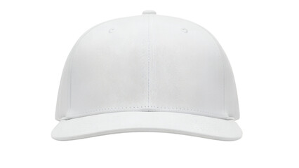 Fototapeta premium A pristine white cap, viewed from the front, showcasing its curved brim and rounded crown, isolated on a transparent background