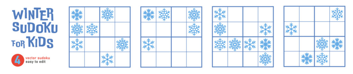 Winter Sudoku for Kids with Snowflakes, Logic Game Puzzle Vector Set