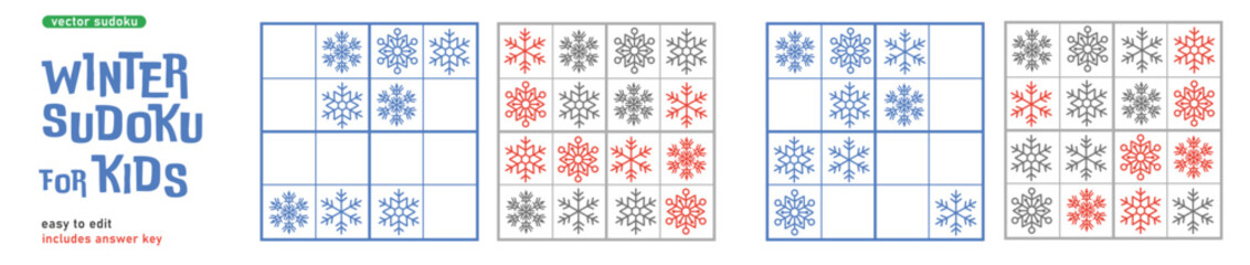 Winter Sudoku for Kids with Snowflakes, Logic Game Puzzle Vector Set
