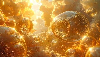 An ethereal scene of illuminated, golden orbs amid a dreamy, cloud-filled sky, creating a warm, magical ambiance