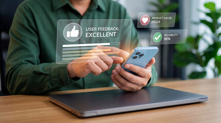Man using smartphone with virtual screen showing excellent user feedback and high product value analysis