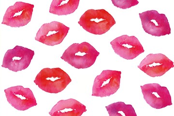 Charming watercolor pattern featuring colorful kiss marks in vibrant shades of pink and red on white background