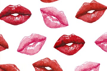 Colorful watercolor pattern featuring vibrant lip prints in shades of red and pink on clean white background