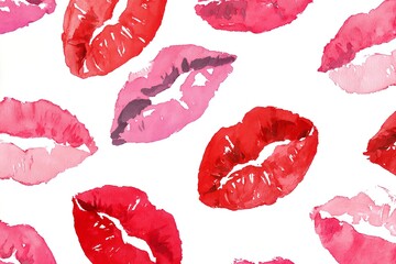 Colorful watercolor illustration featuring vibrant lip prints in shades of red and pink on a clean white background