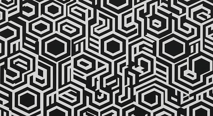 Black and White Hexagonal Maze Pattern Background with Abstract Tech Circuitry Aesthetic