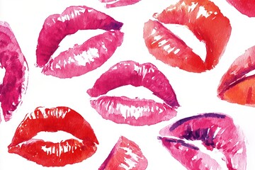 Charming watercolor illustration featuring vibrant lip prints in shades of red and pink on clean white background