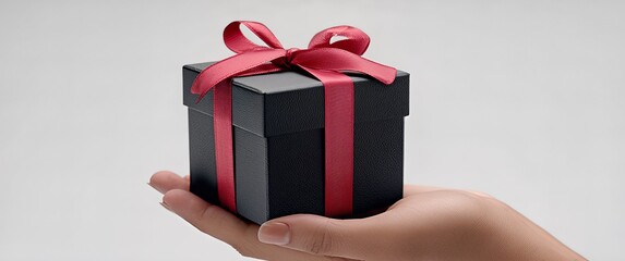 Elegant black gift box with red ribbon held in hand, perfect for Valentine's Day surprise