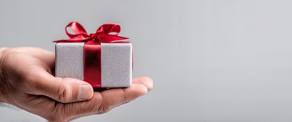 Elegant moment featuring human hand presenting beautifully wrapped silver gift box with red ribbon for special occasion