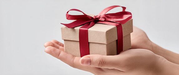 Elegant gift presentation featuring hands holding a beautifully wrapped box with red ribbon against soft gray backdrop