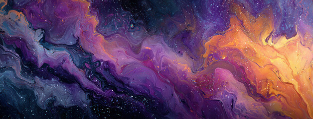 Colorful swirl of purple and orange cosmic clouds in a nebula scene with stars scattered throughout the vast space