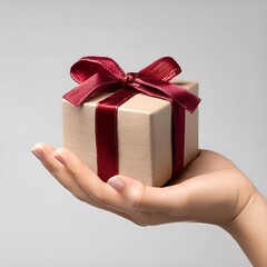 Thoughtful gesture featuring human hand presenting elegant gift box with red ribbon for Valentine's Day celebration