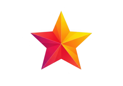 A vibrant, geometric fivepointed star with a gradient of red, pink, orange, and yellow, isolated on a transparent background - Powered by Adobe