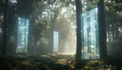 Fototapeta premium Ultra-Realistic 3D Render of Forest with Floating Holographic Interfaces, Eco-Technology Fusion, and Soft Mist