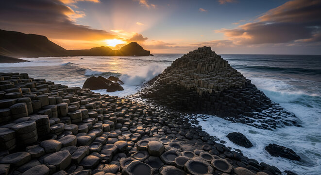Majestic Basalt Columns at the Giant's Causeway During Sunset