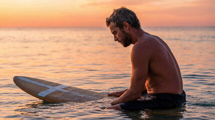 Contemplative male surfer sitting on his board in the calm ocean during a golden sunset. Peaceful man resting in the water, enjoying the serenity of the sea at dusk.