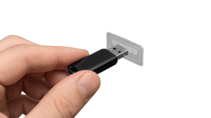 Male hand inserting black USB flash drive into transparent virtual data port isolated on transparent background