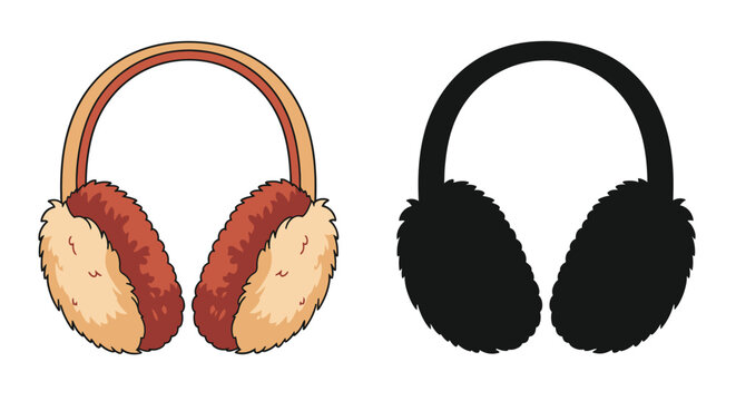 Illustration of two sets of winter earmuffs one colored and one monochrome