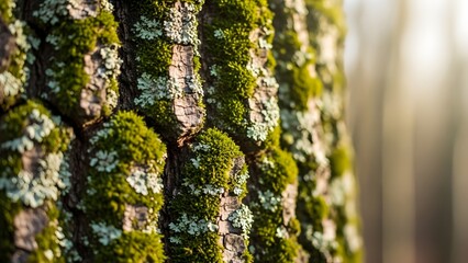 Obraz premium Close-up macro photograph of vibrant green moss and lichen growing on the rough textured bark of an ancient tree trunk in a sunlit forest setting, showcasing natural growth patterns and organic beauty