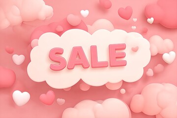 Valentine's Day sale promotion featuring pink hearts and fluffy clouds in soft pastel background