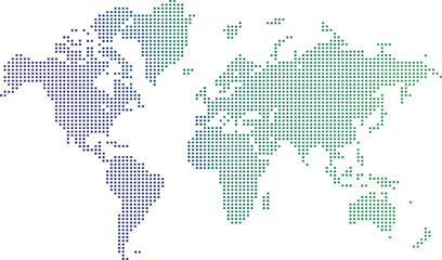 Black halftone dotted blue gradient world map. Vector illustration. Dotted map in flat design. Vector illustration isolated on white background