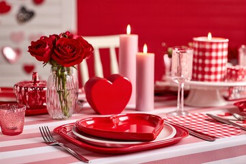 Romantic dining table setting featuring elegant red roses and heart-shaped decorations for Valentine's Day celebration