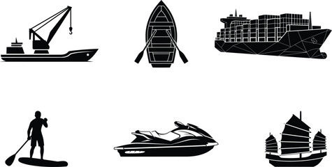 collection of various boats and a man on a paddleboard in black silhouettes on white background © Saidurra12