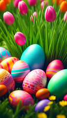 Colorful decorative eggs in various patterns are scattered across vibrant green grass, surrounded by blooming pink tulips, capturing the joy of the spring season.