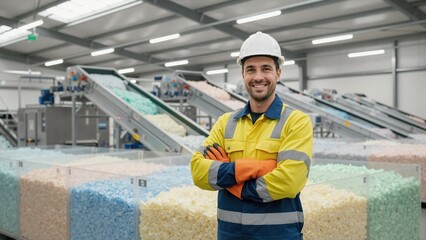 Portrait of confident worker in hard hat at modern recycling factory. Smiling industrial employee standing in front of machinery sorting colorful plastic granules