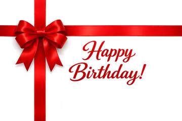 Happy Birthday Card with Red Cross Ribbon and Bow on White Background
