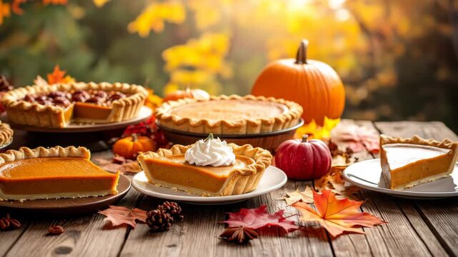 Festive autumn arrangement with pumpkin pies, pumpkins, and colorful fall leaves on a wooden surface.