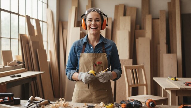 Happy female carpenter smiling in her workshop. Professional craftswoman with tools and safety gear working with wood
