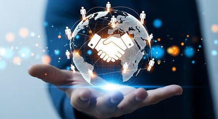 Businessman holding glowing digital globe concept representing global business partnership and human resource connections