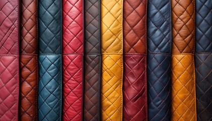 Obraz premium Close-up of colorful quilted leather samples arranged side by side. Use for design mockups, backgrounds, or product visualizations.