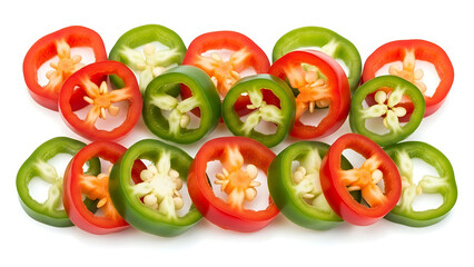 A vibrant studio shot featuring two horizontal rows of alternating red and green chili pepper slices meticulously arranged on a clean, solid white background.