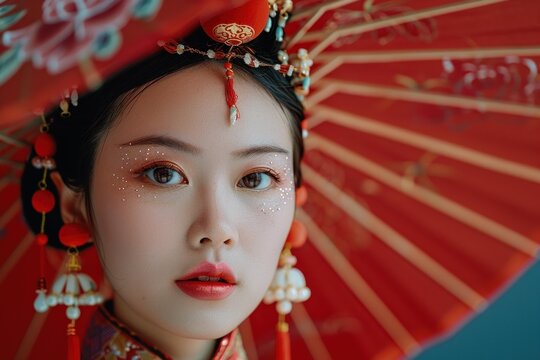 Beautiful asian bride wearing traditional red headdress and dress poses with an ornate red umbrella