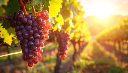 Ripe Red Grapes Hanging on the Vine in a Vineyard at Sunset.