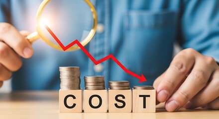 Businessman scrutinizes falling cost of living symbolized by shrinking coin stacks and red arrow