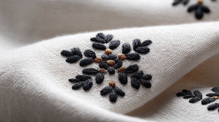 Embroidery featuring black floral pattern with gold accents on white linen fabric. Concept of handcraft and traditional textile art