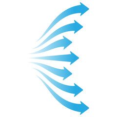 Blue Gradient Flow Arrows Spreading Fan Shape, Directional Airflow and Energy Dispersion Concept, Curved Motion Lines, Modern Minimal Vector Icon, Isolated PNG Transparent Background © PrimePixel Co