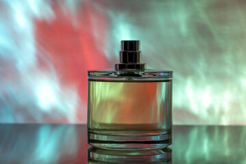 transparent glass perfume bottle on a multicolored background, beauty concept
