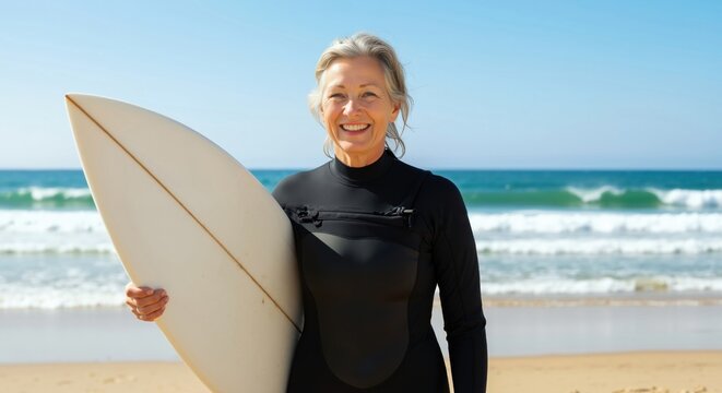 Happy senior woman with surfboard smiling on beach. Active mature female enjoying retirement and water sports. Healthy lifestyle concept - Powered by Adobe