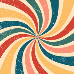 Retro rays background swirling to center in red, pink, green, blue, and yellow vintage style