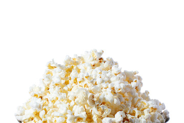 a pile of delicious popcorn isolated on a white background in close-up with space for text on top