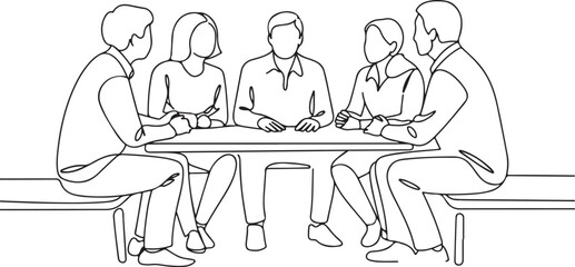Fototapeta premium Business team meeting continuous line drawing. Friends in cafe contour vector illustration.