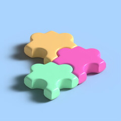 Three puzzle pieces with 3D effect of orange, pink and green colors, floating on a blue background, with a shadow