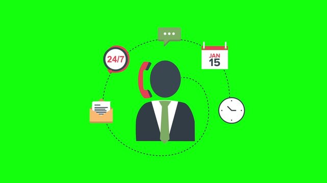 2D Illustration Animation of Person in Suit and Tie Surrounded by Icons, 24,7 Customer Support and Contact Concept on Green Screen in Clear 4K
