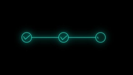 Cyan neon glowing line connecting a checkmark inside a circle on the left to a clock face inside a circle on the right against a dark black background - Powered by Adobe