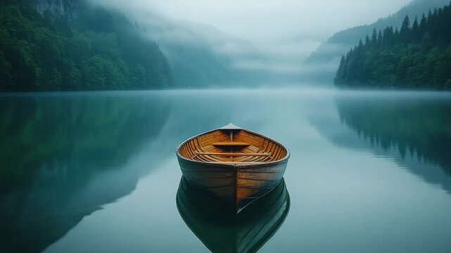 Calm water reflects a wooden boat in a foggy lake surrounded by mountains and trees at dawn
